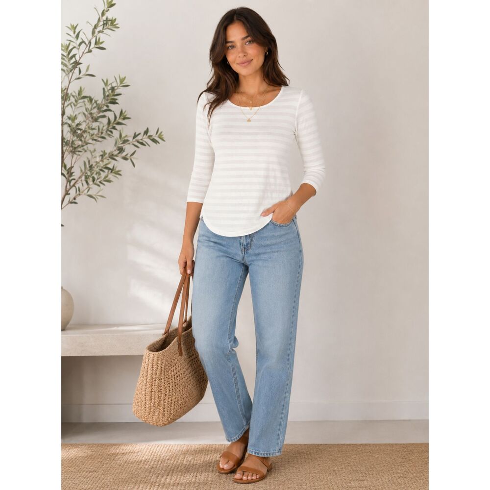 Ella Moss White Textured Tee Minimalist Coastal Aesthetic Scoop Neck 3/4 Sleeve
